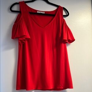 Chaus Red Asymmetrical Ruffled Short Sleeve Blouse